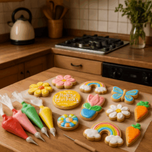 A cozy home kitchen setup with colorful decorated cookies laid out, alongside piping bags and icing tools. Alt: A vibrant display of beautifully decorated cookies illustrating the skills gained from a cookie decorating class online.