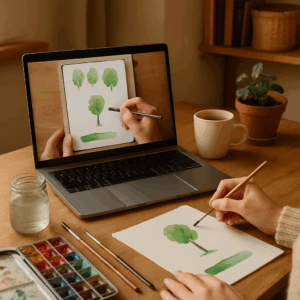 A cozy workspace with watercolor paints, brushes, and a beginner happily following a step-by-step online watercolor class on a laptop. Alt: Best online watercolor painting course for beginners showing step-by-step guidance with paints and brushes.