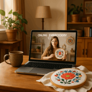 A warm, inviting home studio with a laptop displaying an online embroidery class, a tea mug, and a colorful embroidery hoop on a wooden table. Alt: Beginner’s cozy online embroidery learning space