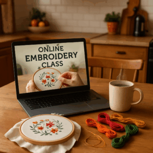 A cozy kitchen table with a laptop open to an embroidery class, a hoop, threads, and a steaming cup of coffee. Alt: online embroidery classes for beginners at home.