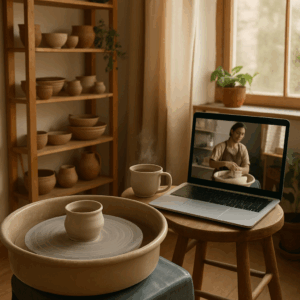 A cozy home studio with a pottery wheel, laptop showing a live class, and a cup of coffee steaming beside the wheel. Alt: online pottery wheel classes home studio setup