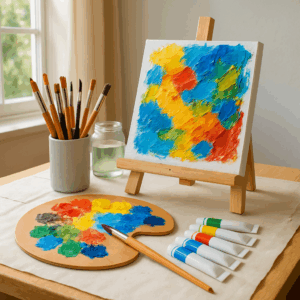 A bright, organized acrylic painting workstation with brushes, palette, and canvas on a protected table. Alt: acrylic painting supplies for beginners