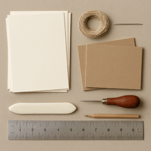 A flat lay of coptic stitch bookbinding supplies – heavyweight paper, cover boards, linen thread, blunt‑tip needle, tapered awl, bone folder, ruler, and pencil. Alt: coptic stitch bookbinding materials