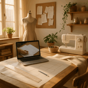 A cozy home sewing studio with a laptop open to a pattern drafting video, ruler and tracing paper spread on a wooden table, sunlight streaming in. Alt: pattern drafting classes online tutorial setup